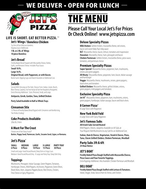 At your <b>Jet's</b> on <b>4167 Franklin Rd</b>, there's no doubt you will get a fast and fresh <b>pizza</b> that will exceed your wildest dreams. . Jets pizza menu murfreesboro tn